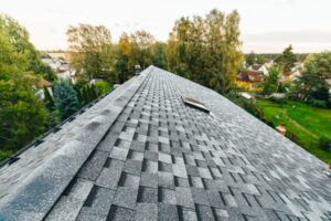 roof of new house with shingles roof-tiles, green foliage background